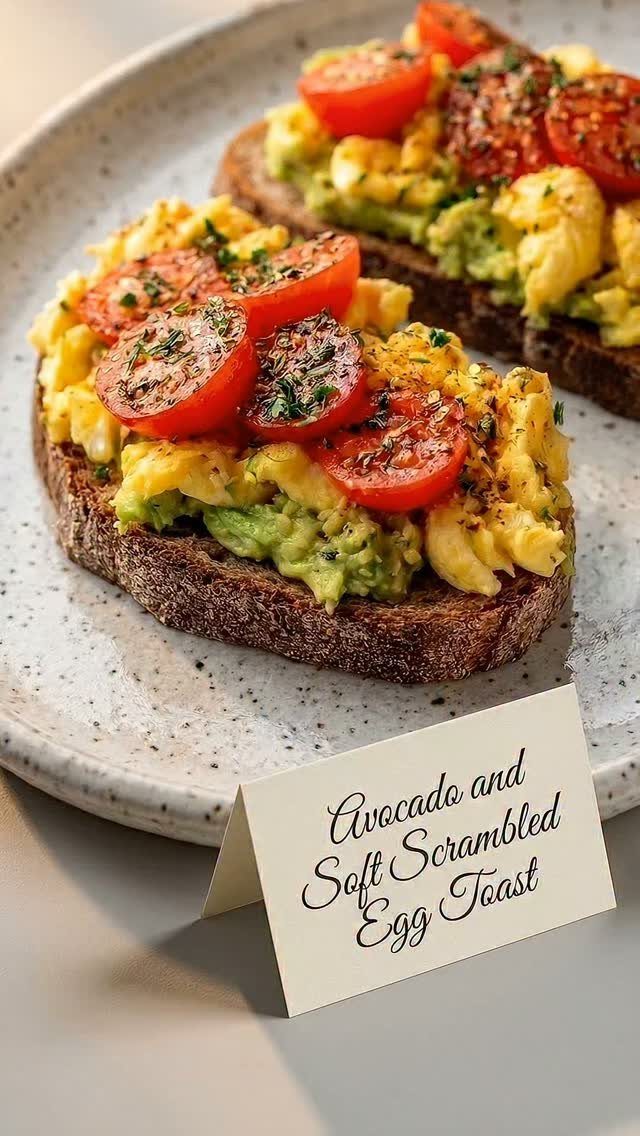 Avocado toast with scrambled eggs and cherry tomatoes on a speckled white plate.