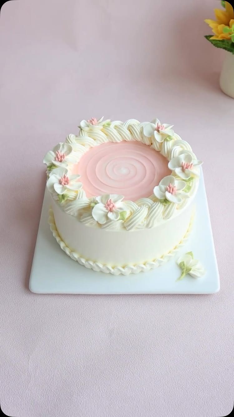 6 Inch Cake Decorating Ideas: 11 Flavors and Finishes to Try 2 White round cake with pink center and piped buttercream flowers and swirls.