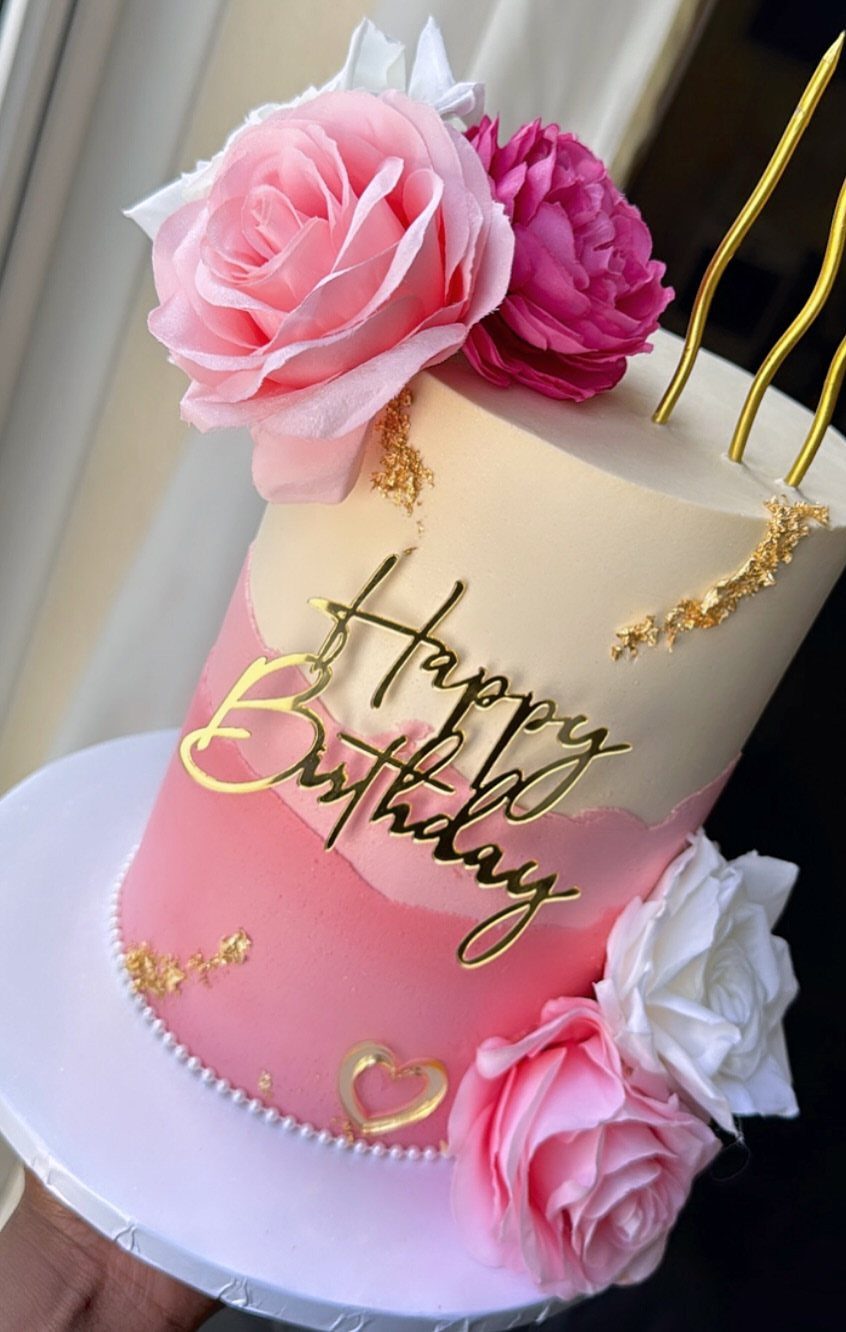 6 Inch Cake Decorating Ideas: 11 Flavors and Finishes to Try 3 Ombre pink and cream cake decorated with gold leaf and large roses