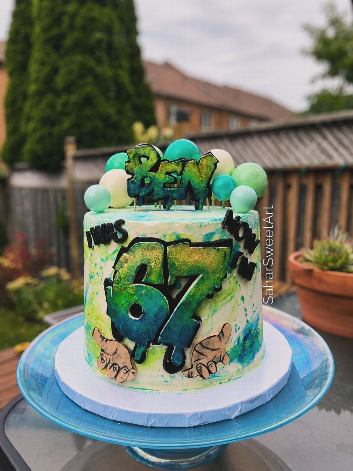 67 Cake Ideas for Birthdays: 14 Designs From Drip to Neon 5 Graffiti birthday cake with green and blue frosting, featuring the number 67 and name Ben.