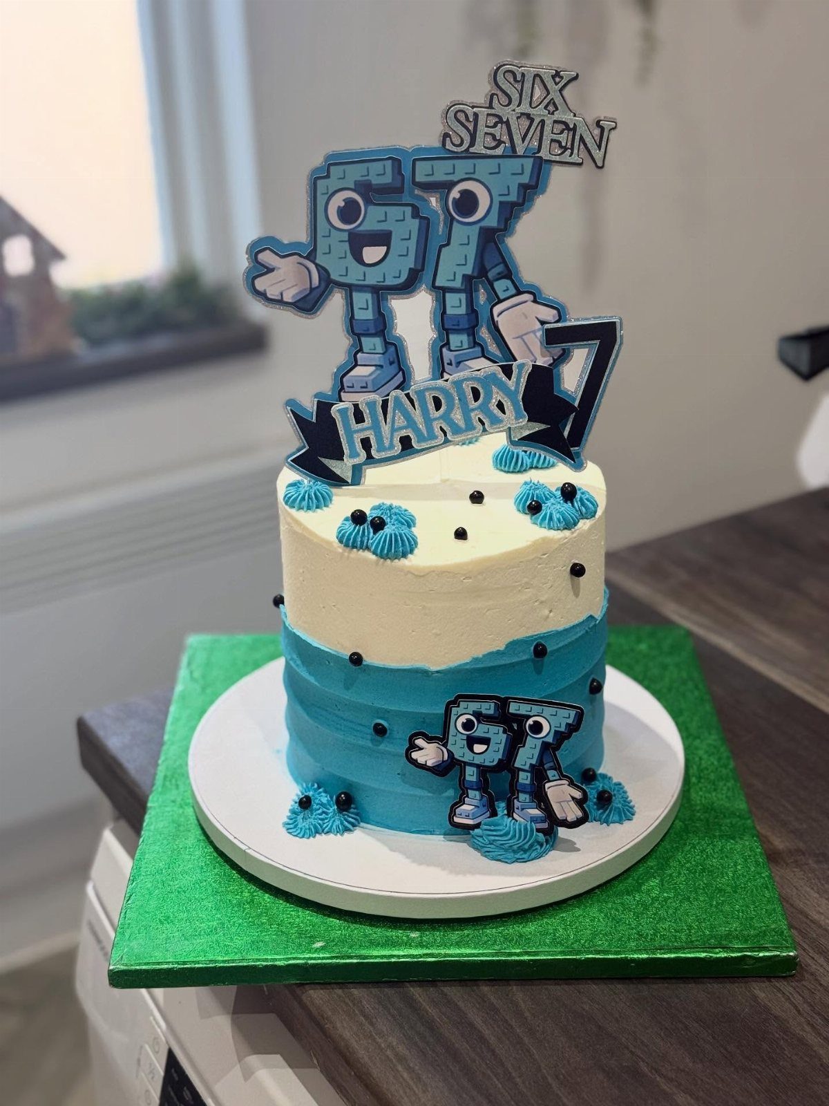 67 Cake Ideas for Birthdays: 14 Designs From Drip to Neon 4 Blue and white cake with a 67 character topper and Harry name plaque