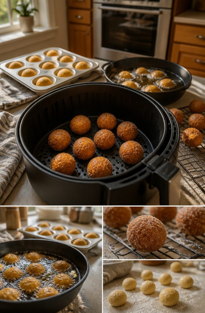 Banana donut holes shown with air fryer, oven and skillet cooking options