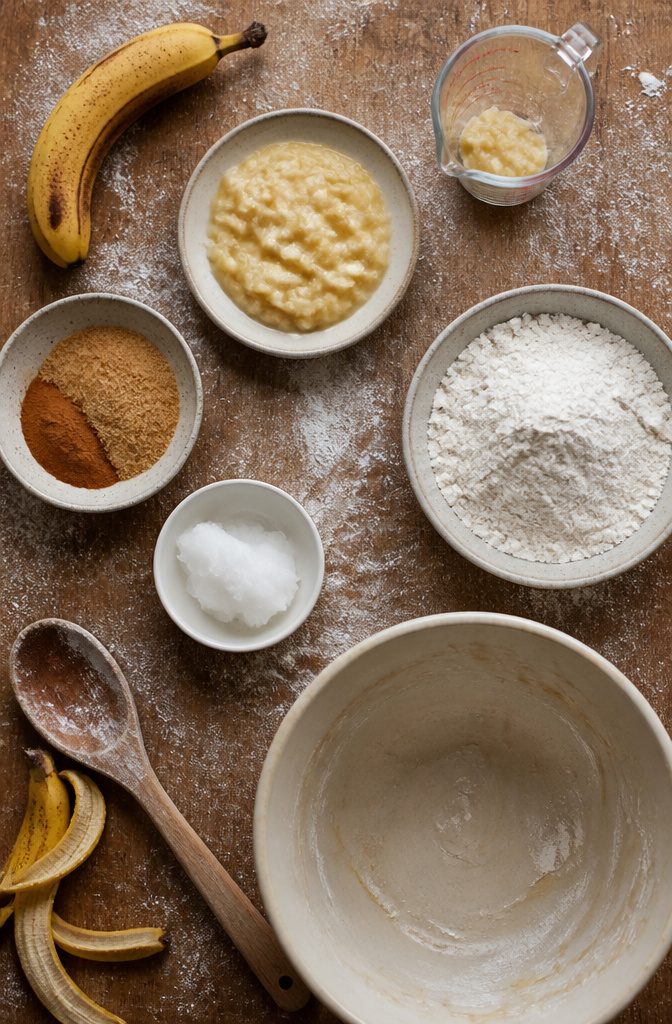 Banana donut hole ingredients with mashed banana, flour, cinnamon, sugar and coconut oil