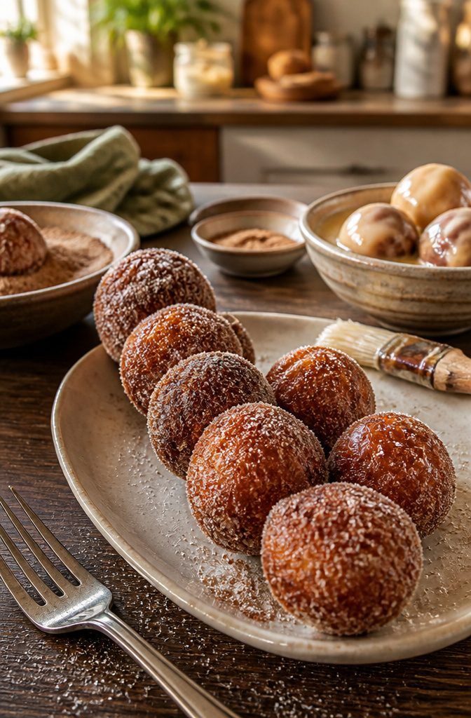 Banana donut holes with cinnamon sugar coating and melted butter