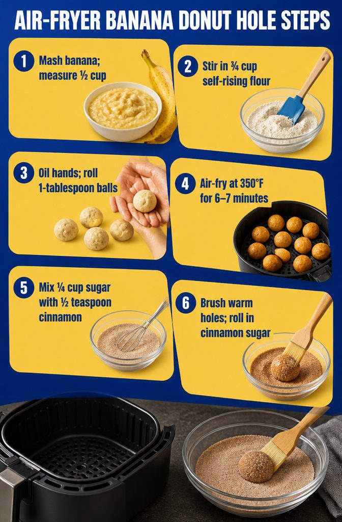 Air fryer banana donut hole steps with dough balls and cinnamon sugar