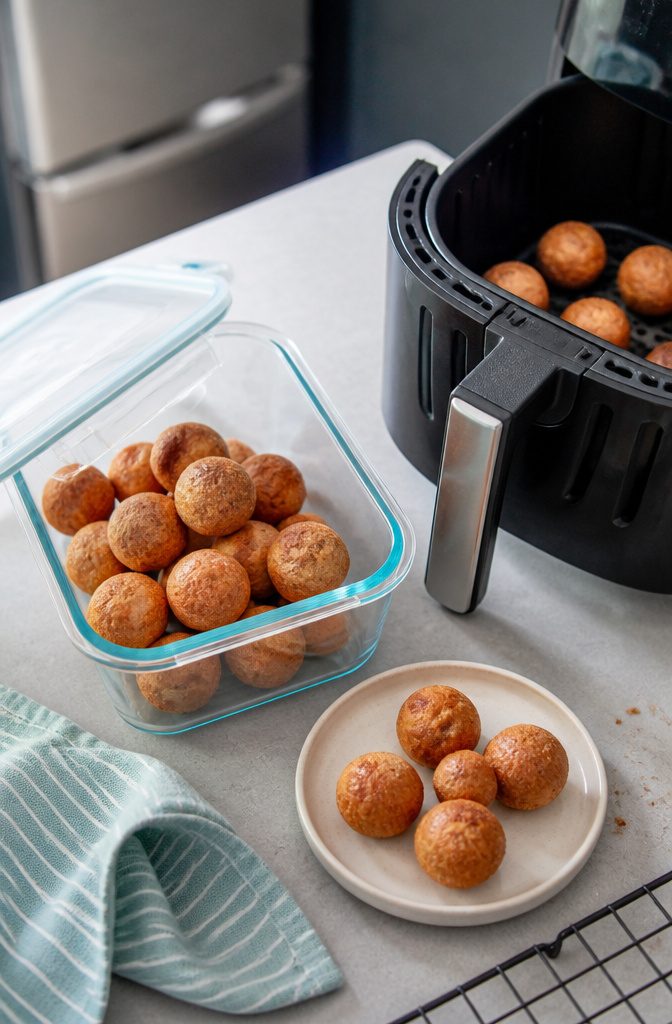 Banana donut holes stored plain for reheating