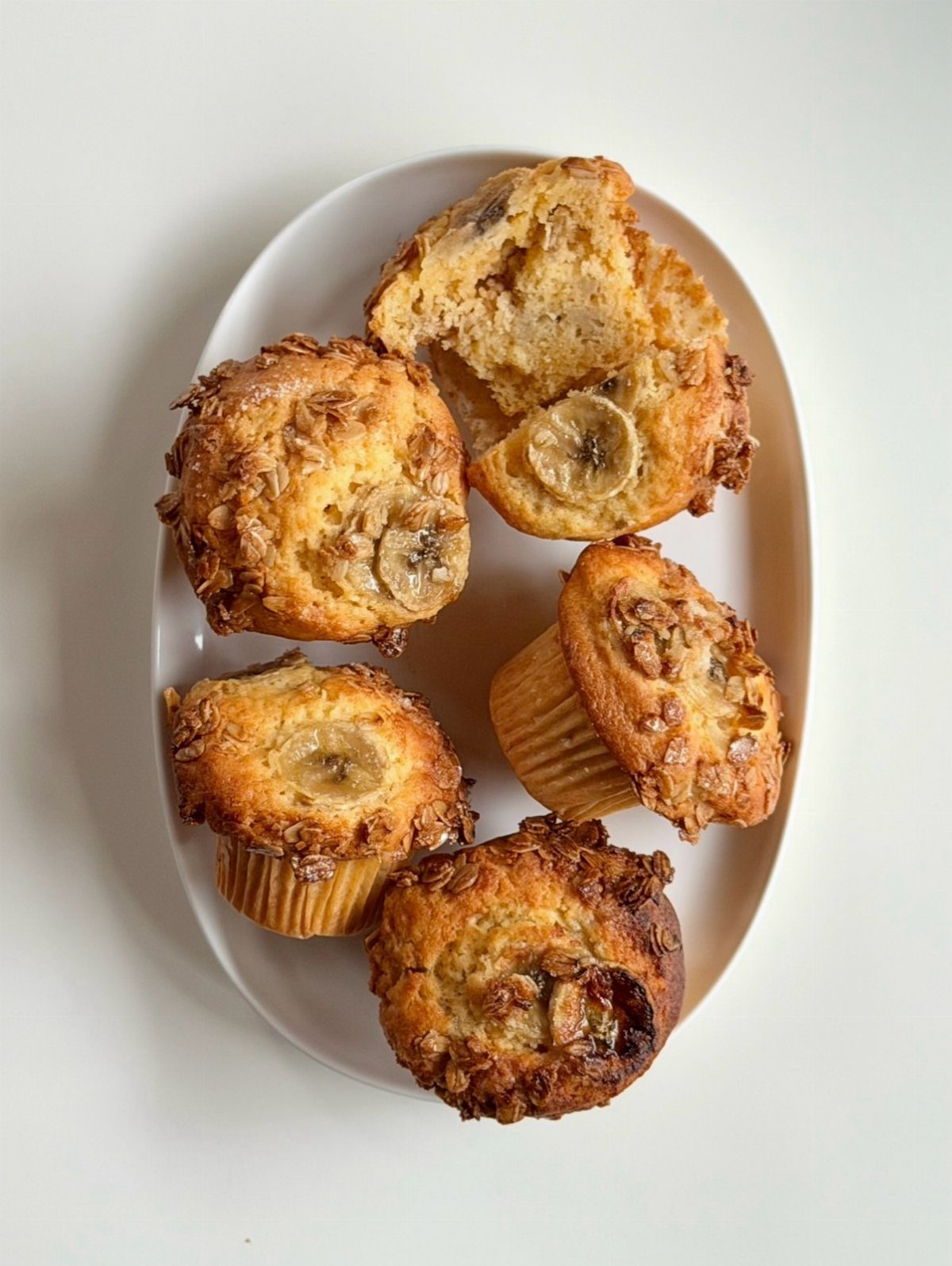 Banana muffins with oat toppings and banana slices on a white oval plate.