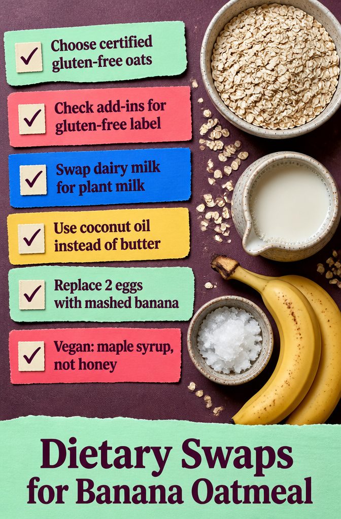 Banana oatmeal dietary swaps infographic with ingredient substitution options
