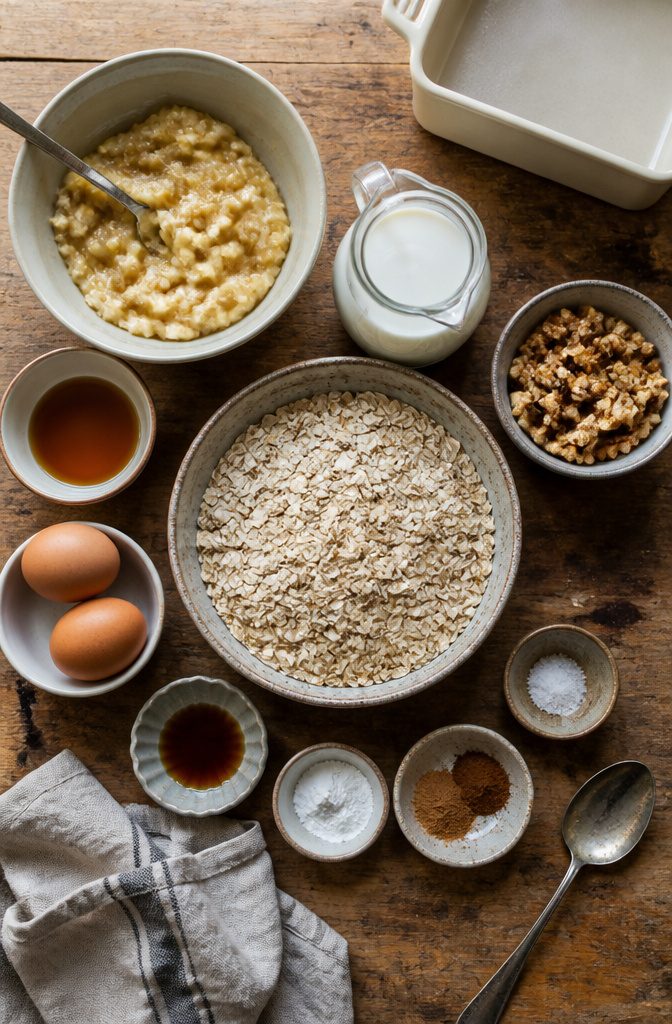 Banana oat recipe photograph introducing ingredients for baked oatmeal