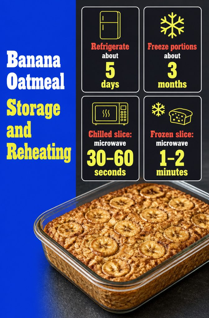 Banana oatmeal storage and reheating infographic with food storage instructions