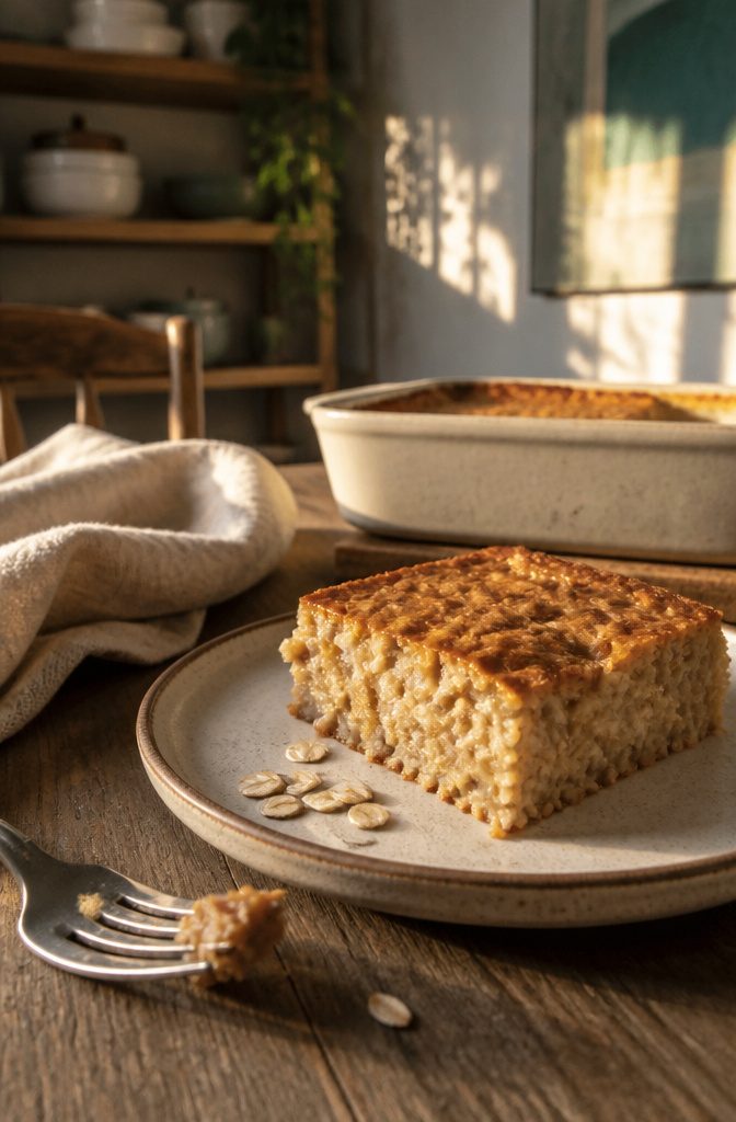 Golden baked oatmeal square with softened flakes and loose rolled oats