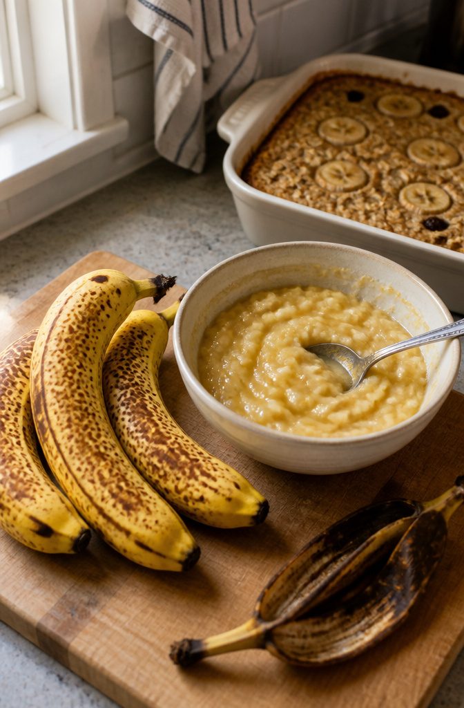 Ripe spotted bananas for mashing into banana baked oatmeal