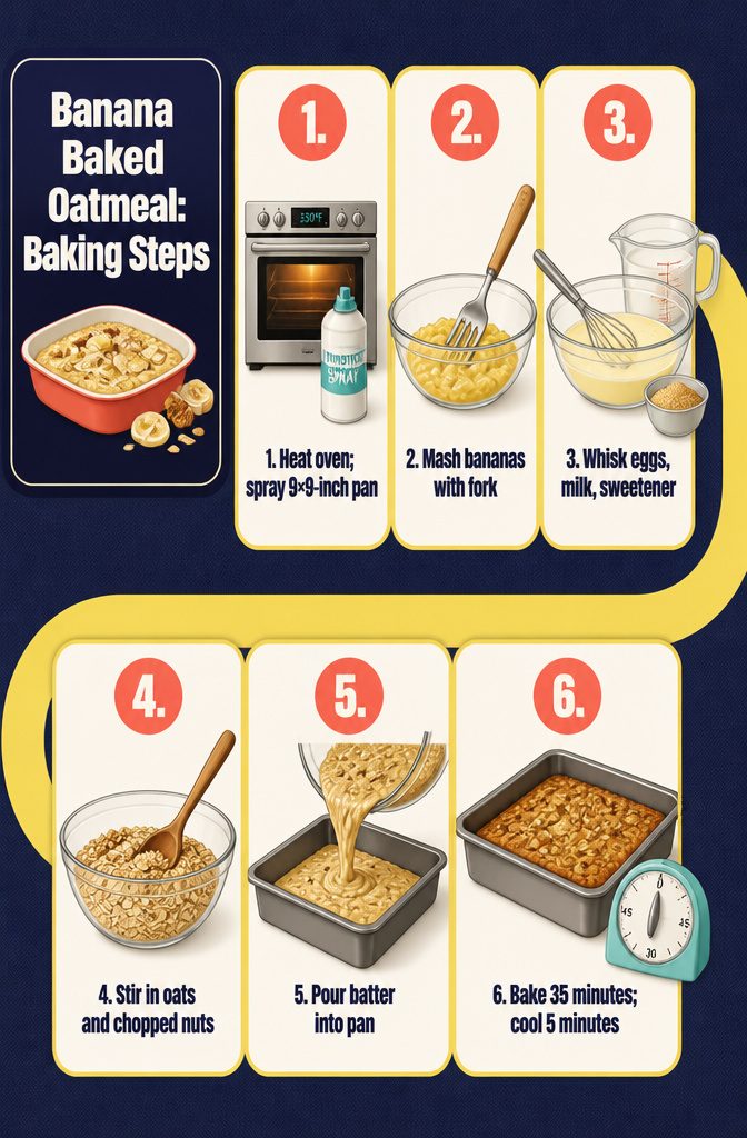 Banana baked oatmeal baking steps infographic with six numbered instructions