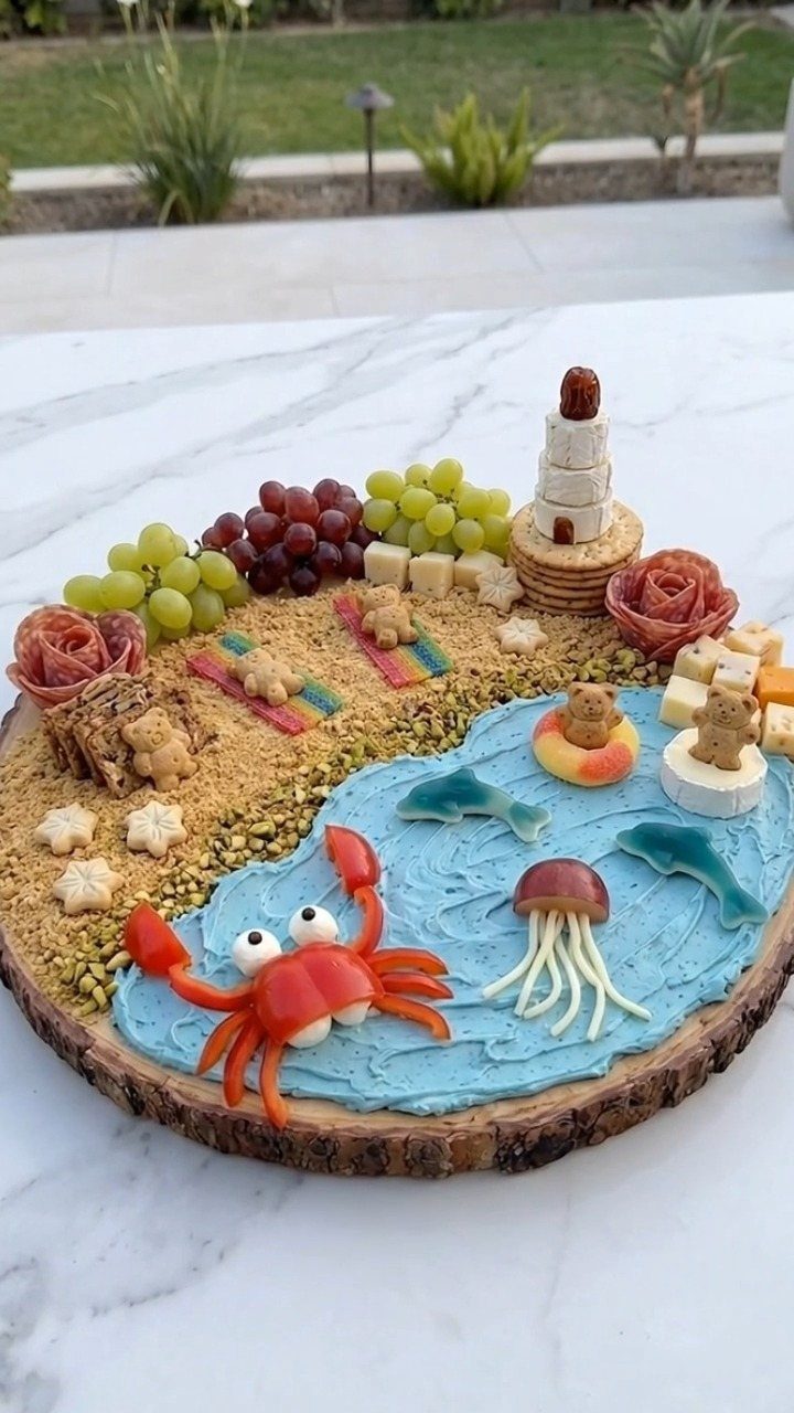 31 Beach Themed Appetizers for Parties, Picnics and Pool Days 11 Beach themed appetizer board with a red crab, sandcastle, and blue frosting water.