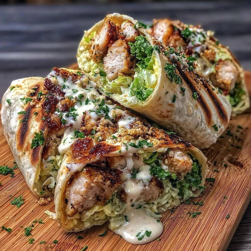 31 Beach Themed Appetizers for Parties, Picnics and Pool Days 3 Grilled chicken Caesar wraps filled with lettuce and dressing on a wooden board.