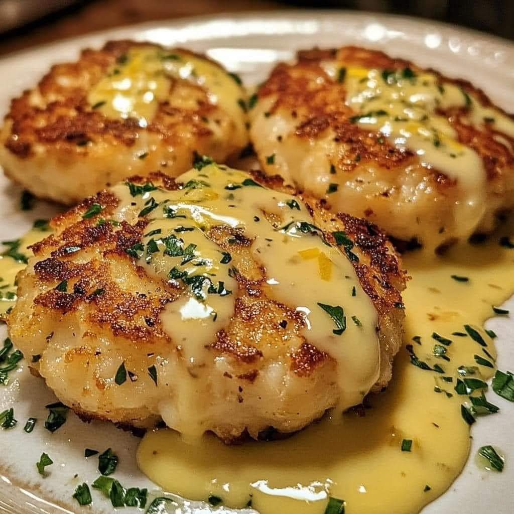 31 Beach Themed Appetizers for Parties, Picnics and Pool Days 2 Three golden-brown crab cakes topped with creamy yellow sauce and fresh parsley.