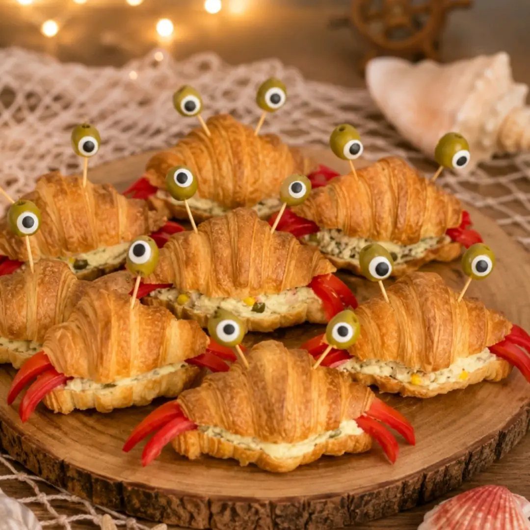 31 Beach Themed Appetizers for Parties, Picnics and Pool Days 9 Croissant crab sandwiches with red pepper claws and olive eyes on a wooden platter.