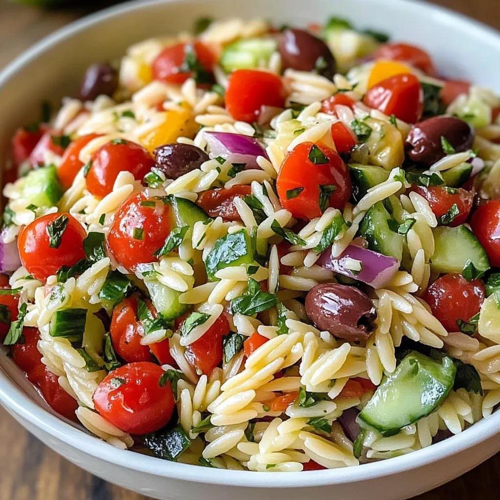 31 Beach Themed Appetizers for Parties, Picnics and Pool Days 8 Greek orzo salad with cherry tomatoes, olives, and cucumbers in a white bowl