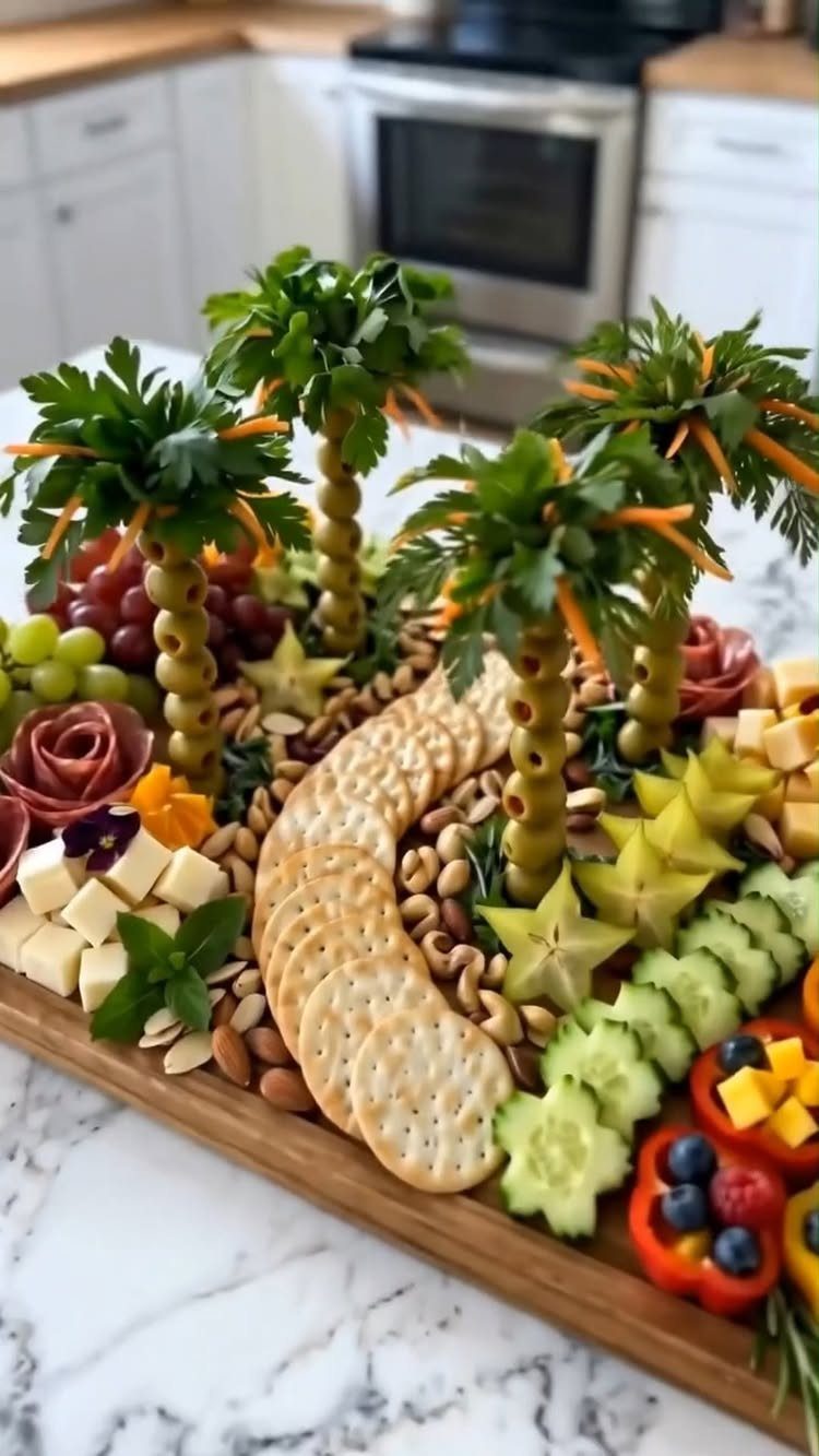 31 Beach Themed Appetizers for Parties, Picnics and Pool Days 13 Charcuterie board with edible asparagus palm trees, crackers, fruits, and cheeses on wood.