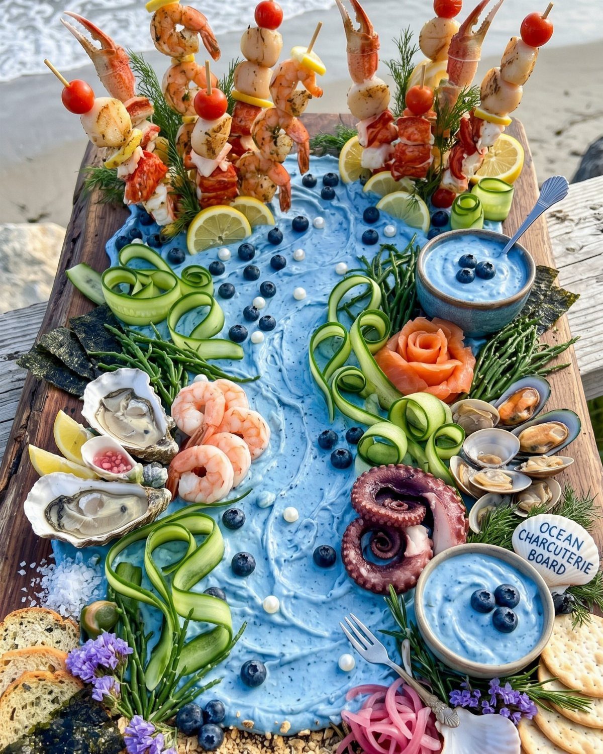 31 Beach Themed Appetizers for Parties, Picnics and Pool Days 12 Seafood charcuterie board with blue dip, shrimp, and oysters on a beach setting.