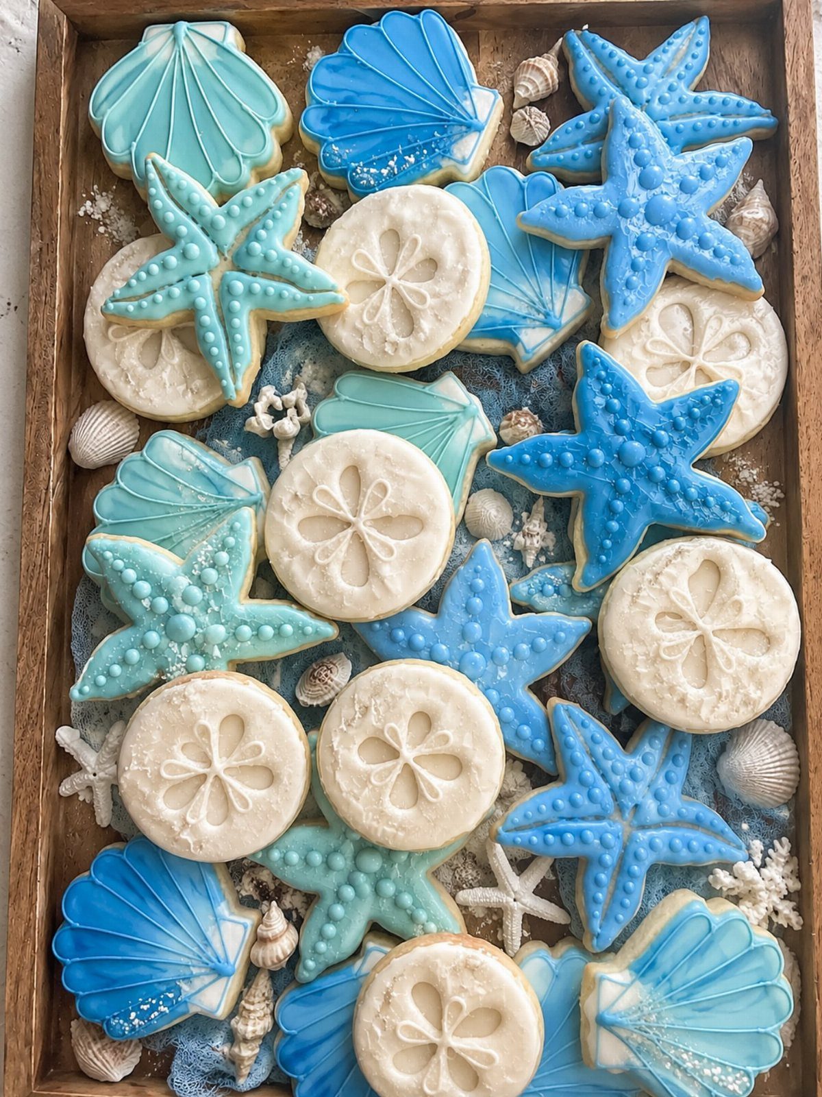 31 Beach Themed Appetizers for Parties, Picnics and Pool Days 30 Starfish and seashell sugar cookies in blue and white on a wooden tray.