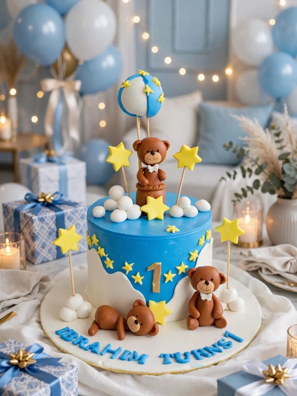Blue and white birthday cake with teddy bears, yellow stars, and a balloon.