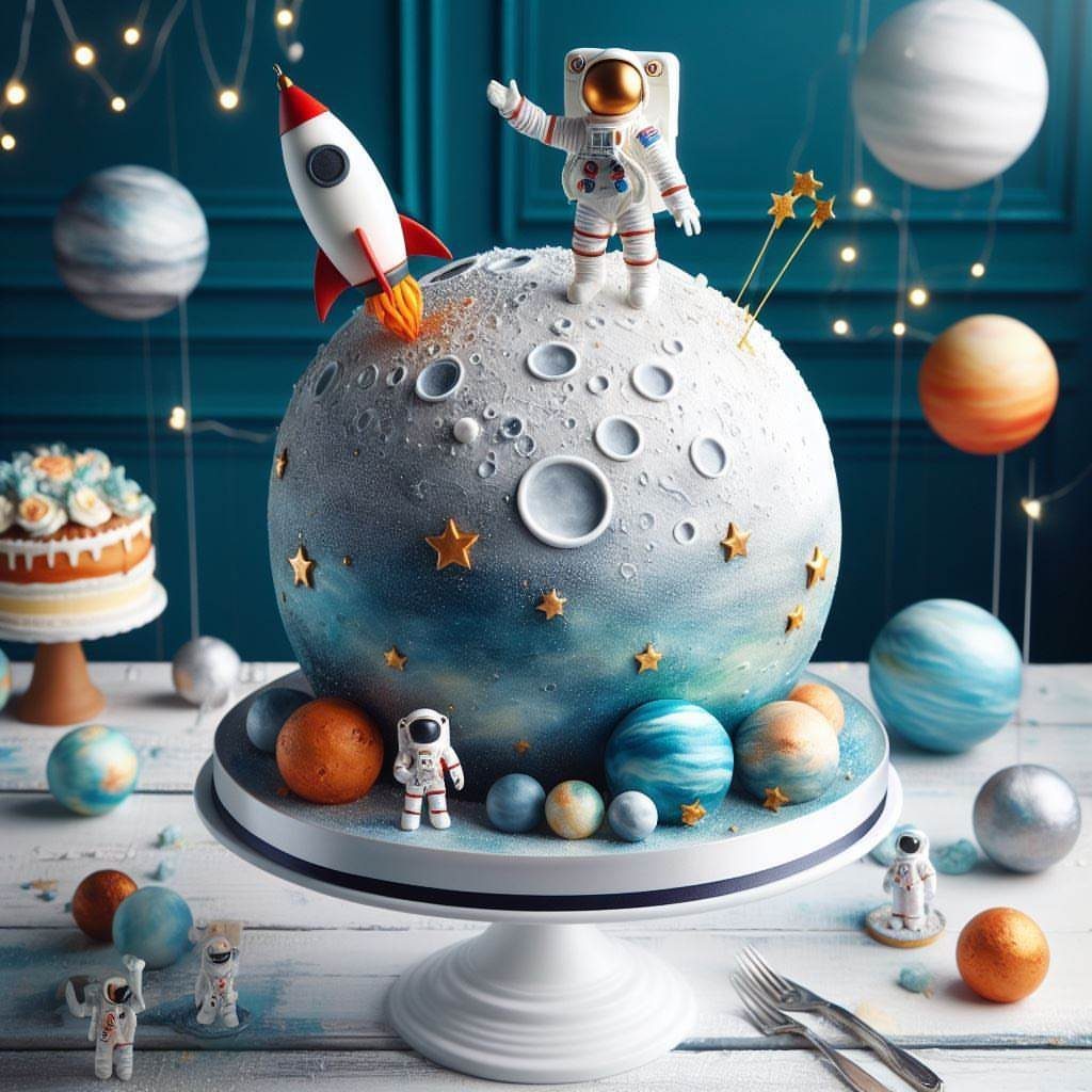 Moon-shaped birthday cake with astronaut and rocket toppers on a white cake stand.