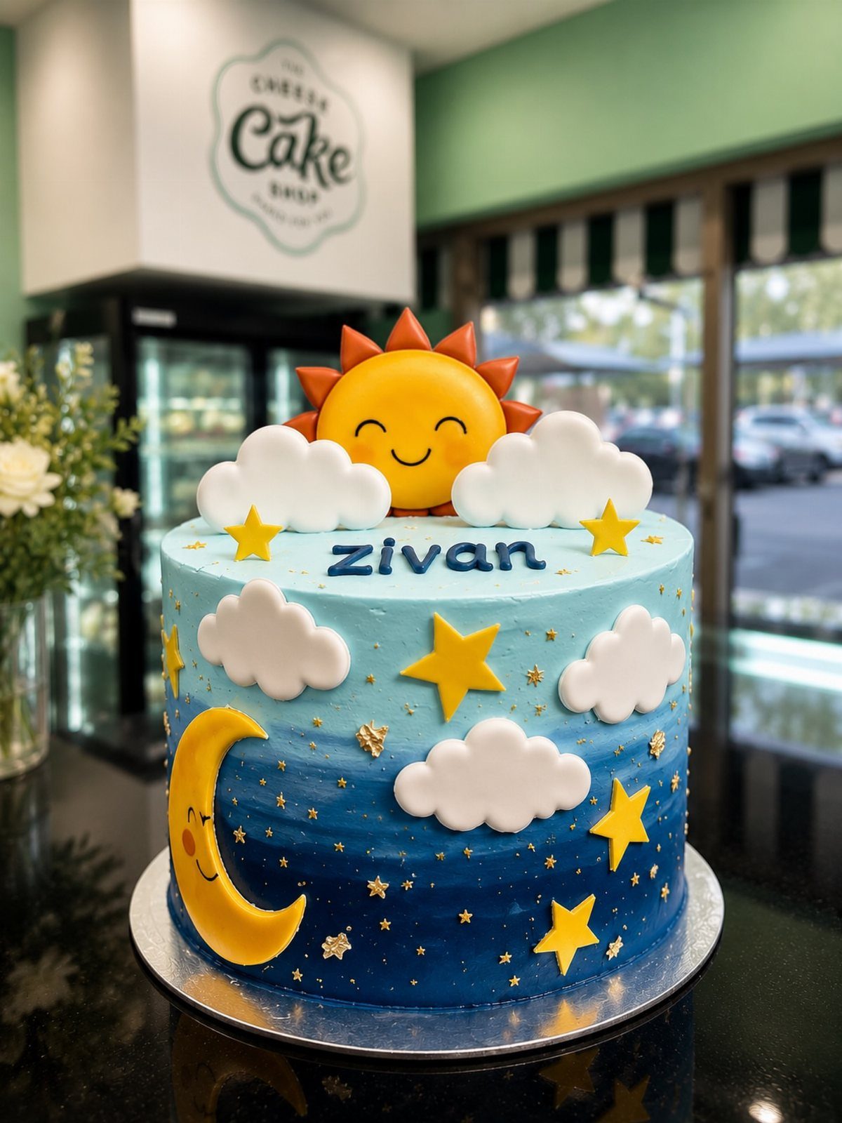 Blue birthday cake with a smiling sun topper, crescent moon, and white clouds.