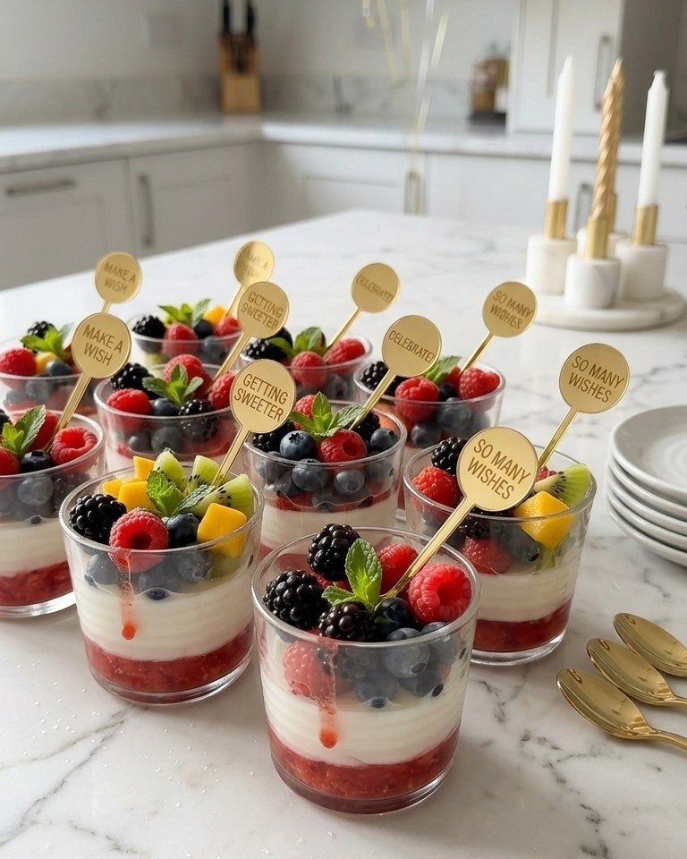 13 Birthday Party Treat Ideas, From Popcorn to Tea Sandwiches 5 Berry cups with layered cream and fruit topped with gold decorative picks