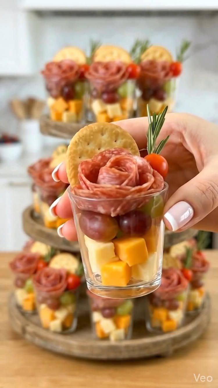 13 Birthday Party Treat Ideas, From Popcorn to Tea Sandwiches 13 Cheese and meat appetizer cups with grapes and crackers on a wooden tray.