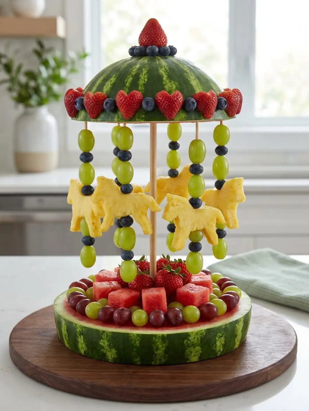 13 Birthday Party Treat Ideas, From Popcorn to Tea Sandwiches 8 Fruit carousel platter with watermelon base, cheese horses, grapes, and strawberries on dowels.