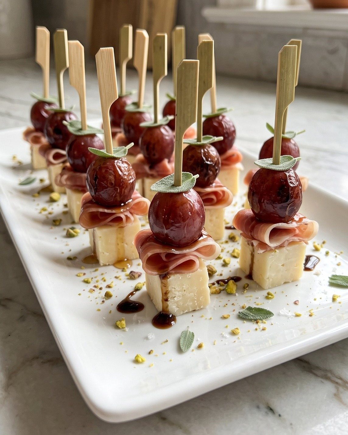 13 Birthday Party Treat Ideas, From Popcorn to Tea Sandwiches 11 Cheese, prosciutto, and grape appetizers with bamboo skewers on a white platter.