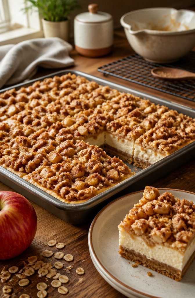 Apple crumble cheesecake bars with diced apple and a brown sugar oat topping