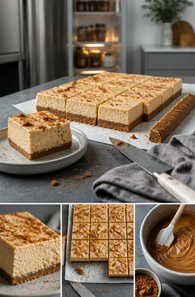 Chilled cheesecake bars beside a knife ready for clean slicing