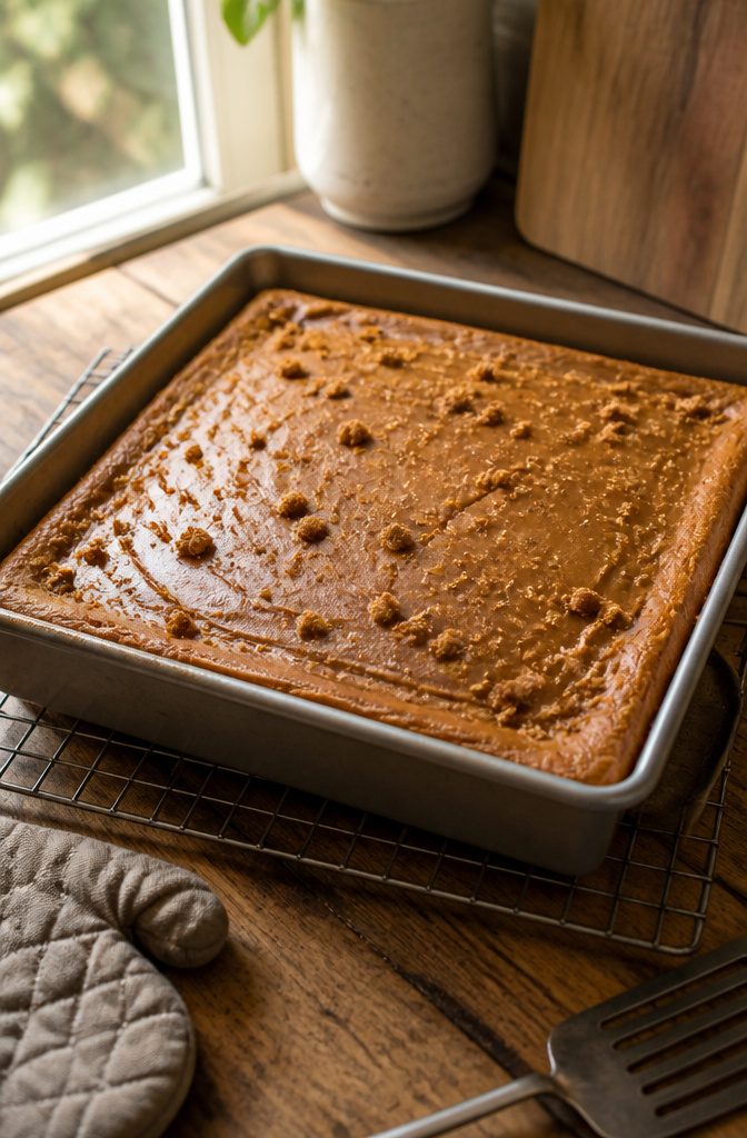 Biscoff cheesecake bars with set edges and a slightly jiggly center