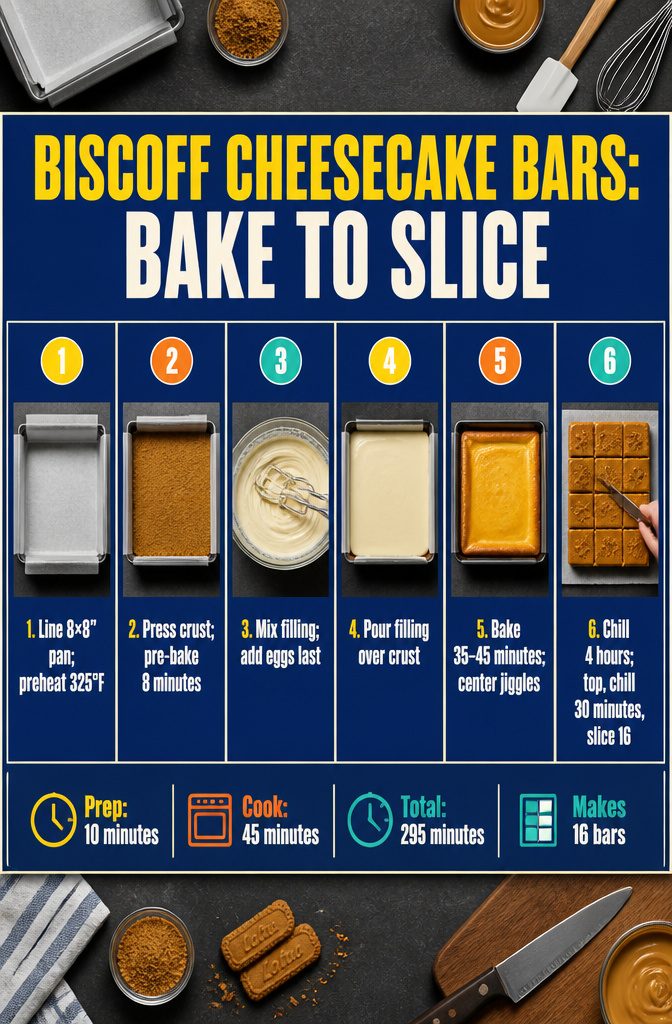 Biscoff cheesecake bars recipe card with prep time cooking time and instructions