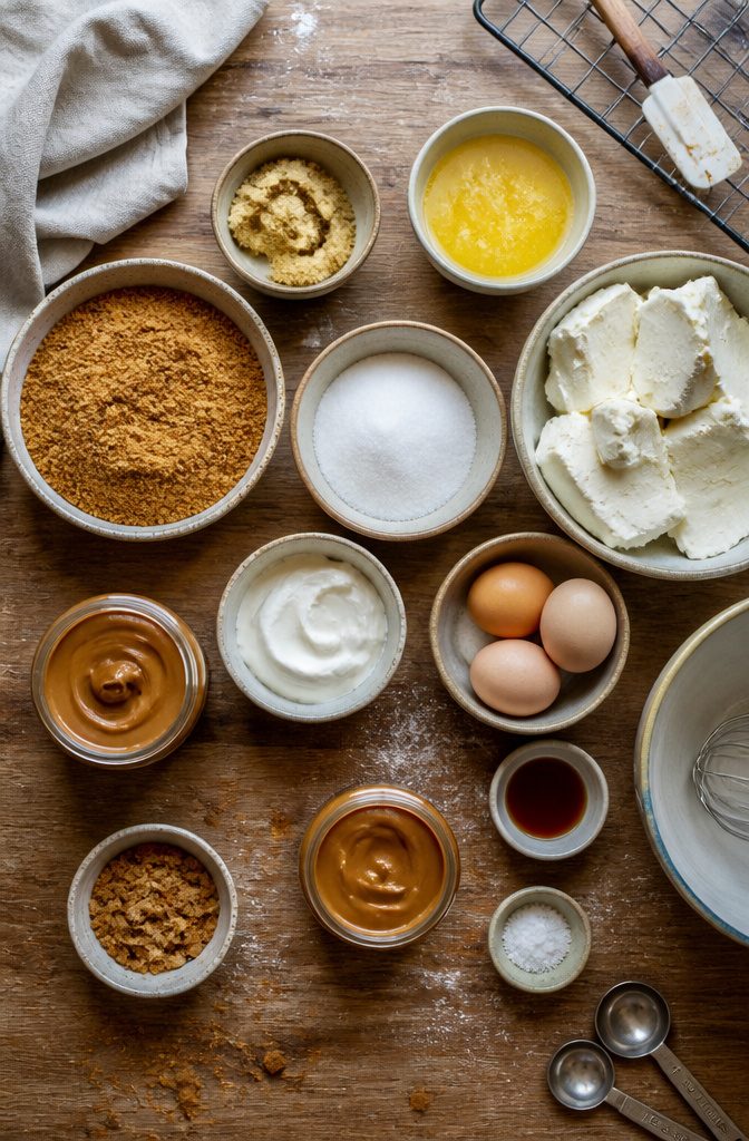 Biscoff cookies cream cheese cookie butter eggs and other cheesecake bar ingredients