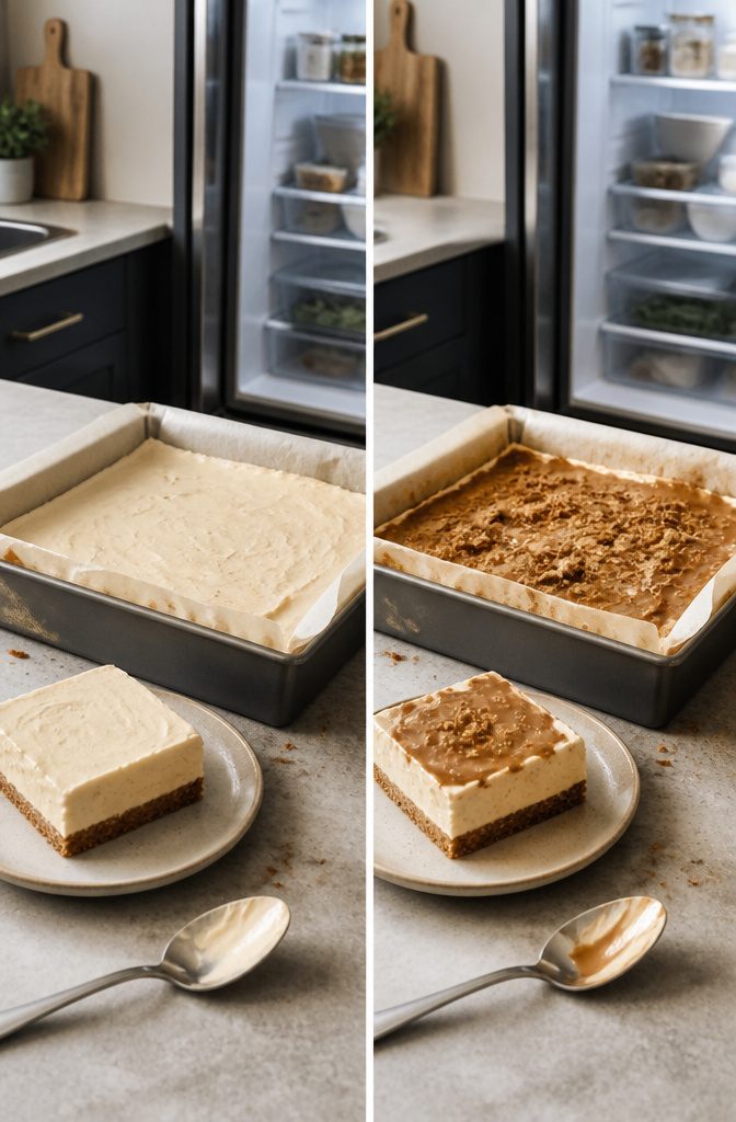 No-bake cheesecake bars with soft filling over a Biscoff cookie crust