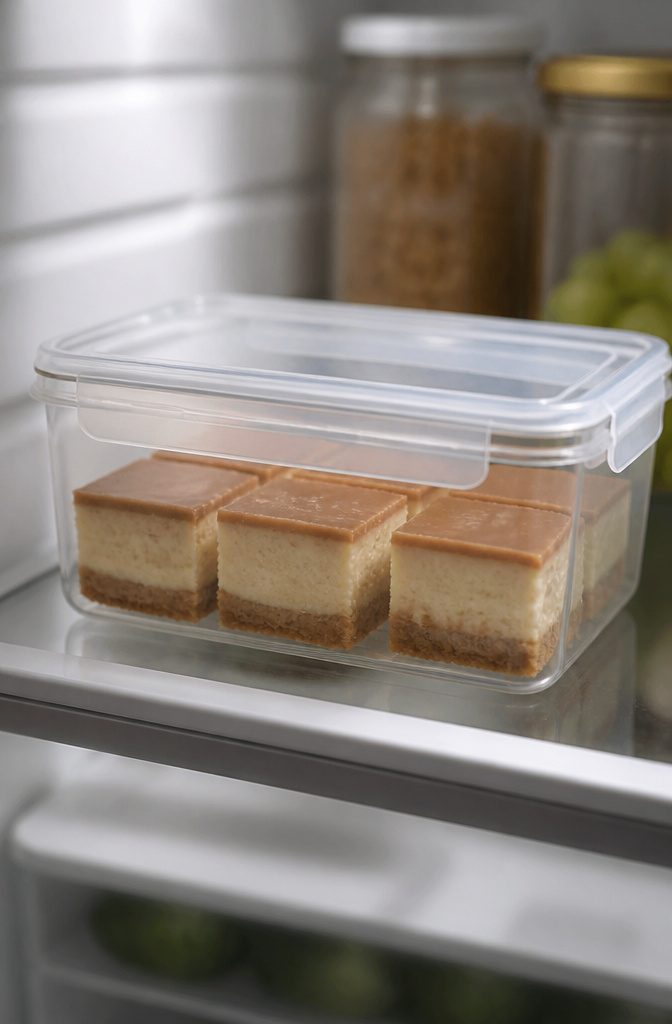 Biscoff cheesecake bars stored in a covered container in the refrigerator