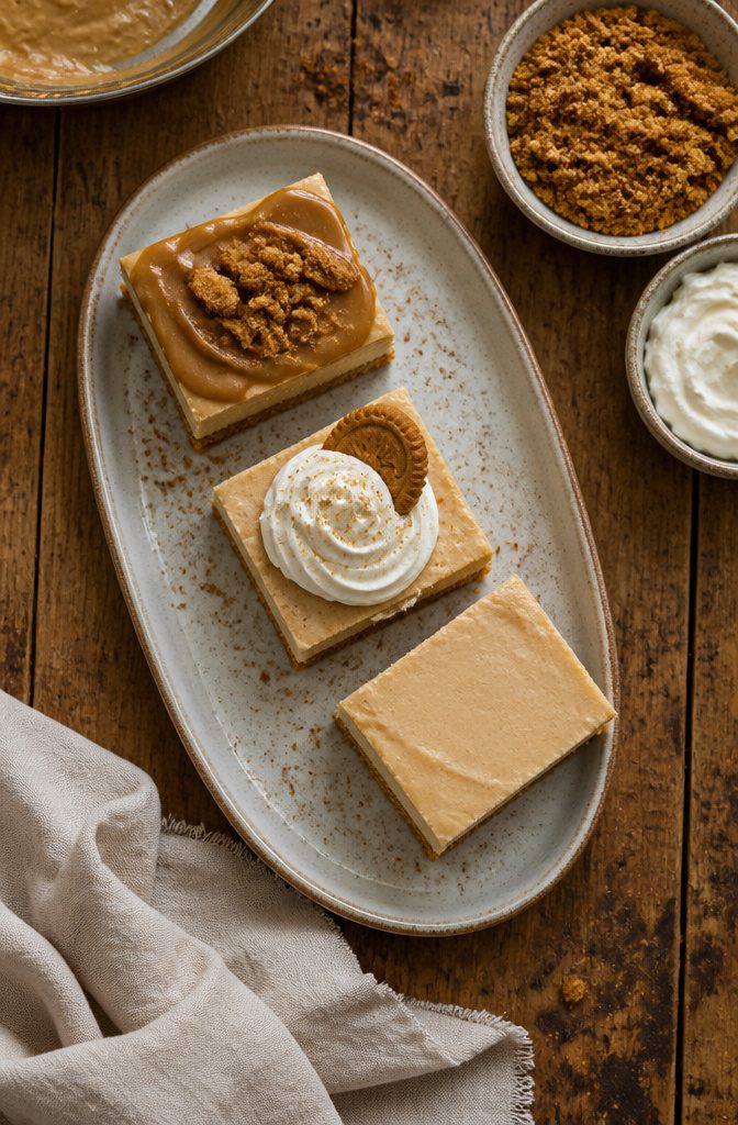 Cheesecake bars topped with warmed cookie butter and crumbled Biscoff cookies
