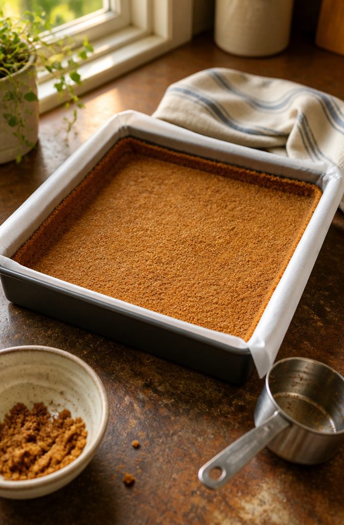 Pressed Biscoff cookie crust with a measuring cup resting beside the pan