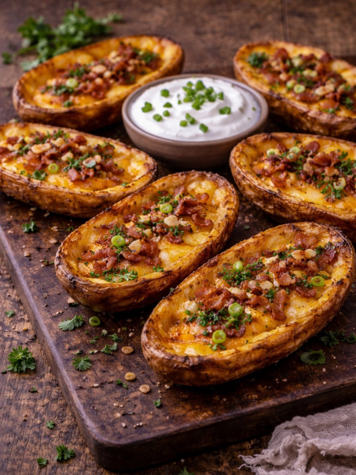 25 Black People Finger Foods 9 Loaded potato skins with melted cheese and bacon on a rustic wooden board.