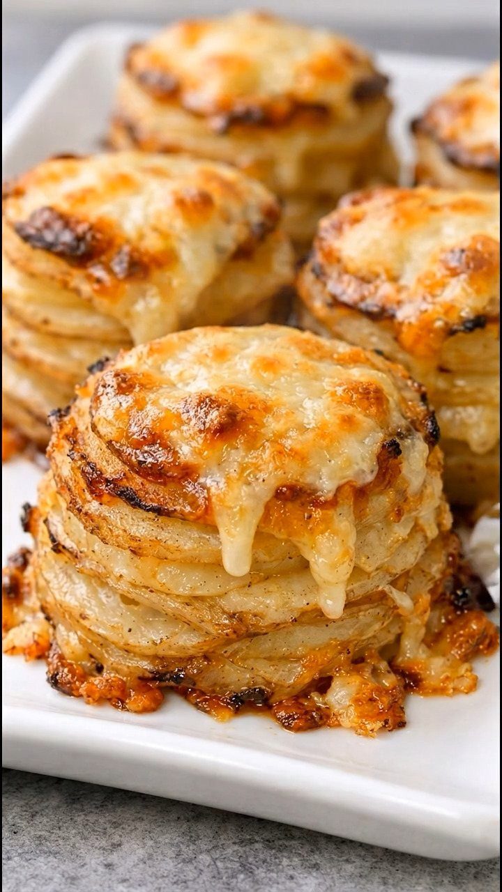25 Black People Finger Foods 4 Potato stacks with melted browned cheese served on a white rectangular platter.