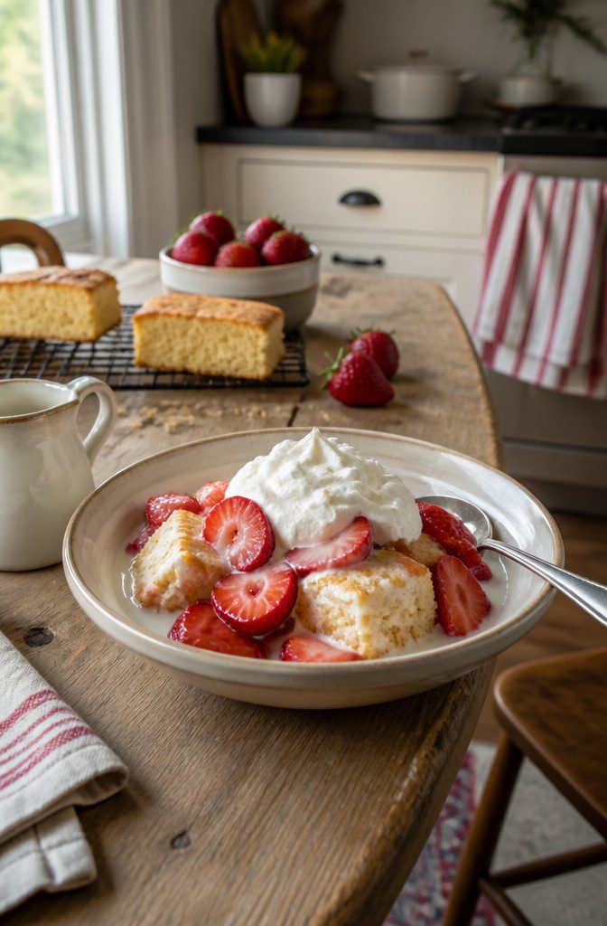 Shortcake squares with sliced strawberries, cold milk, and whipped cream