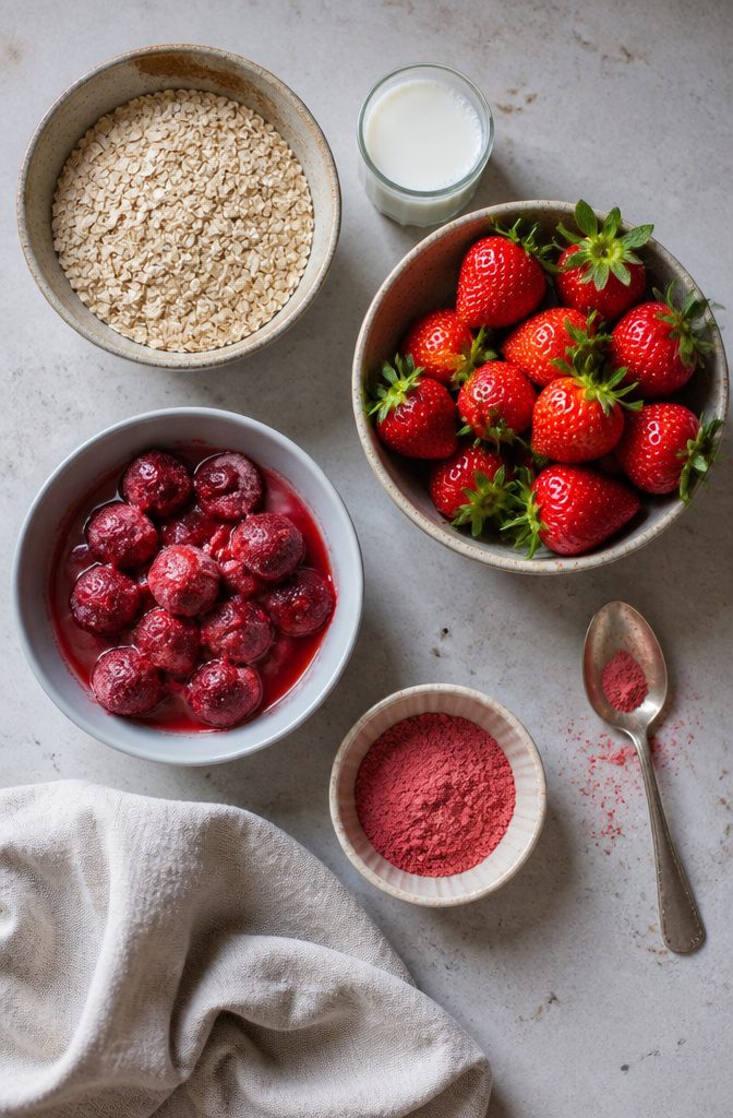 Fresh strawberries beside frozen berries and freeze-dried strawberry pieces