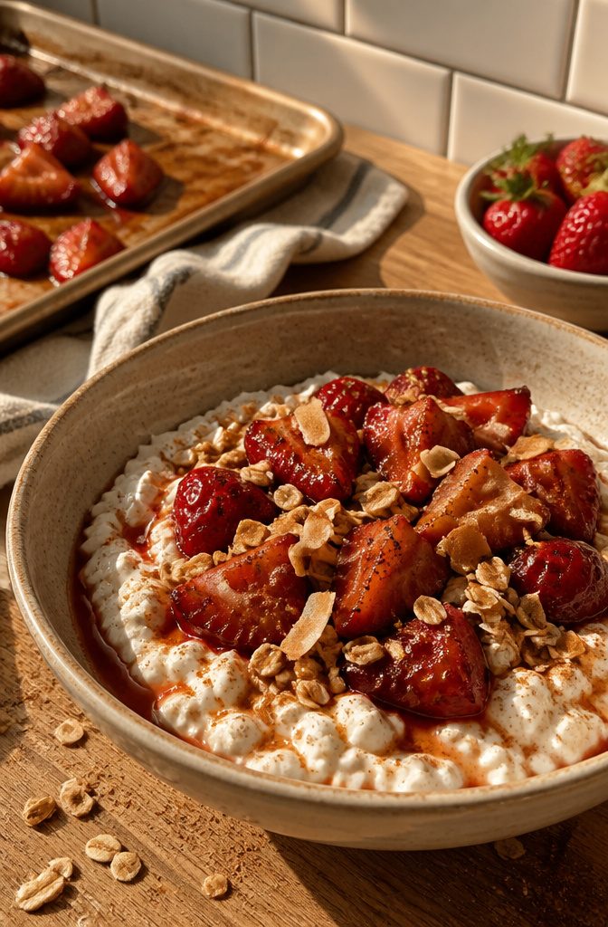 Cottage cheese topped with roasted strawberries, oats, and coconut flakes