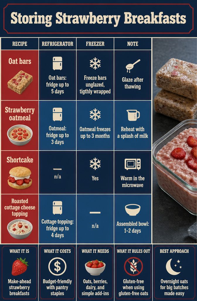 Storage chart listing refrigerator and freezer details for breakfast recipes