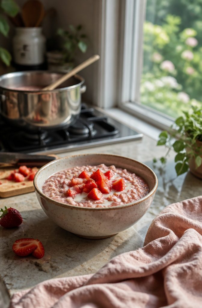 Rosy oatmeal topped with diced strawberries and a splash of cream