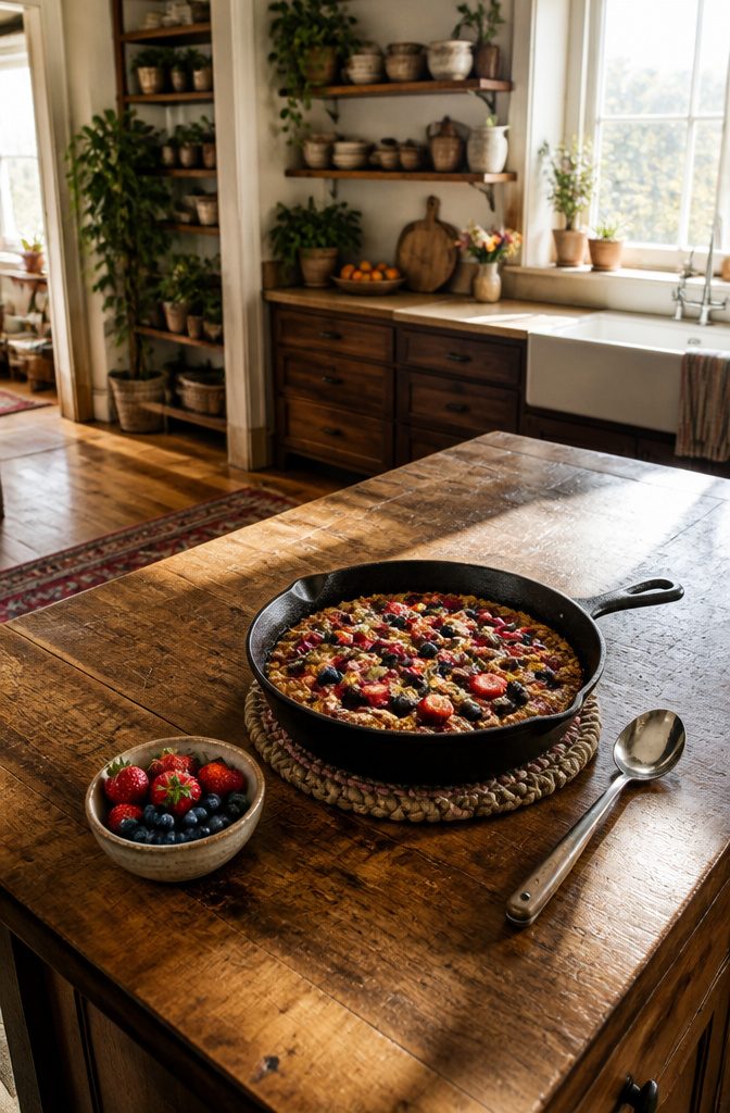 Baked oatmeal topped with strawberries, blueberries, and toasted almonds