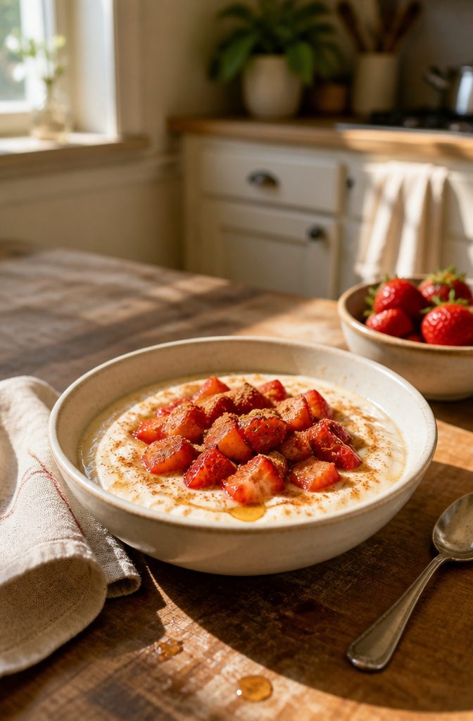 Greek yogurt topped with chopped strawberries, cinnamon, and honey